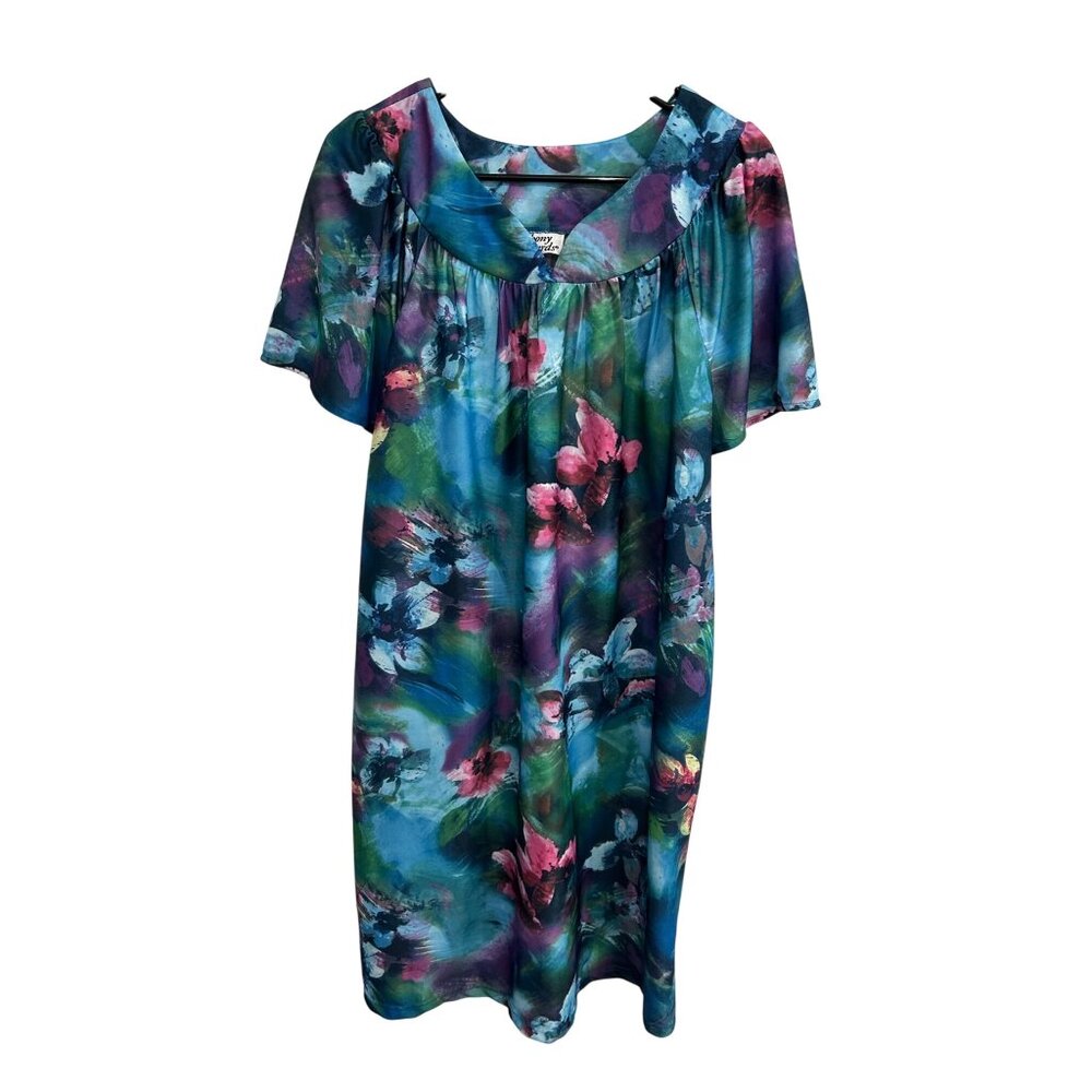 Anthony Richards Floral Multicolor Short Sleeve Dress With Ruffled Collar Sz M